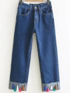 Shein Blue Rolled Hem Fringe Embellished Denim Pants
