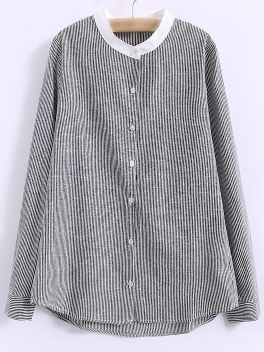 Shein Black Round Neck Buttons Front Long Sleeve Striped Blouse