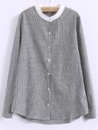 Shein Black Round Neck Buttons Front Long Sleeve Striped Blouse