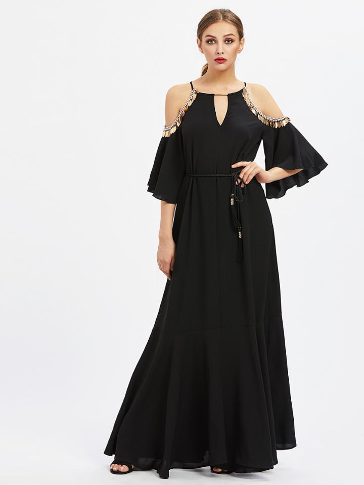 Shein V Notch Pearl Leaf Chain Detail Fluted Sleeve Dress