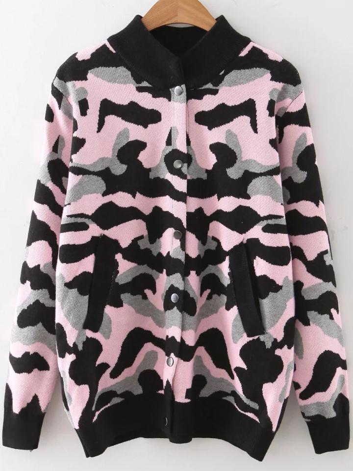 Shein Pink Camouflage Pattern Button Up Sweater Coat