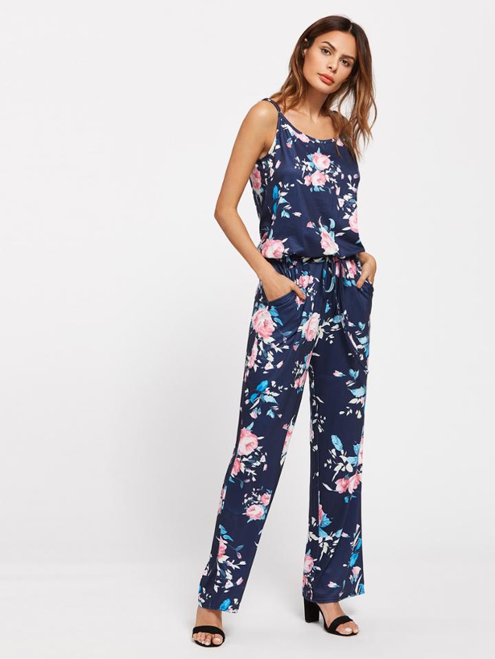 Shein Allover Florals Drawstring Waist Cami Jumpsuit