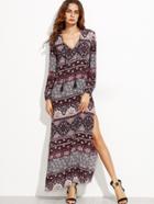 Shein Floral Print Deep V Neck Side Split Maxi Dress