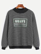 Shein Contrast Ribbed Trim Letter Print Striped Sweatshirt
