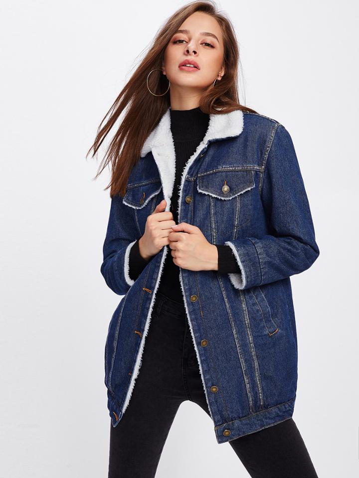 Shein Shearling Denim Jacket With Belt