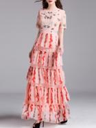Shein Pink Embroidered Ruffle Maxi Dress