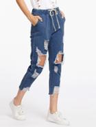 Shein Extreme Destroyed Raw Hem Drawstring Waist Crop Jeans
