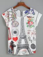 Shein White Eiffel Tower Print T-shirt