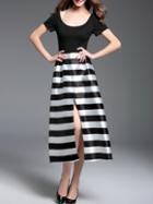 Shein Black White Striped Split Long Dress