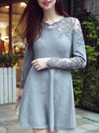 Shein Grey Round Neck Long Sleeve Knit Contrast Gauze Lace Dress