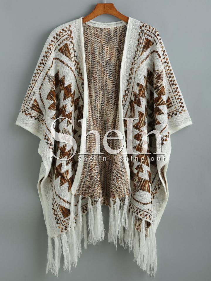 Shein Beige Batwing Sleeve Tassel Geometric Print Sweater