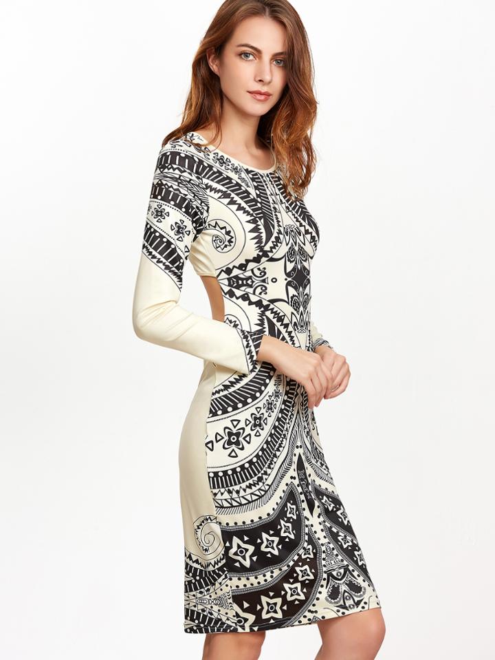 Shein Beige Vintage Print Cut Out Back Pencil Dress