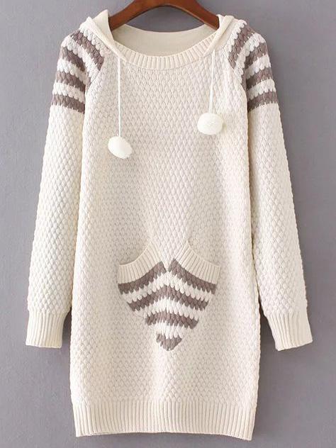 Shein Beige Ribbed Trim Hooded Long Sweater With Pocket
