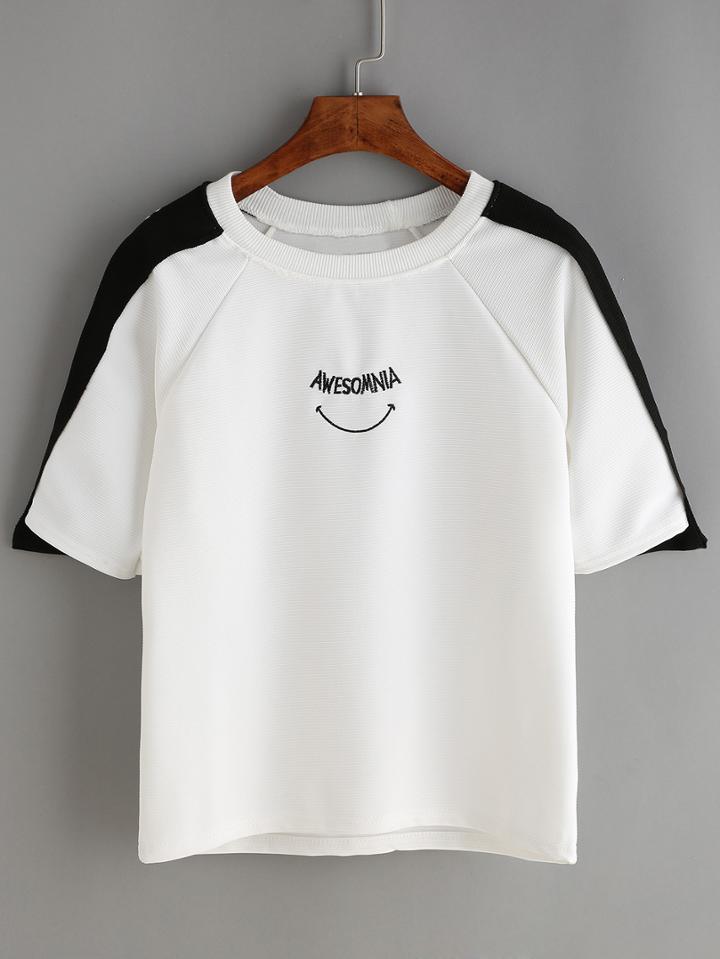 Shein Raglan Sleeve Contrast Pistol Embroidered T-shirt