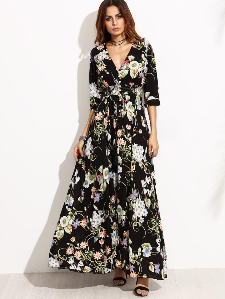 Shein Deep V Neck Florals Drawstring Button Front Dress