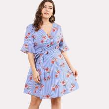 Shein Plus Flounce Sleeve Mixed Print Wrap Dress