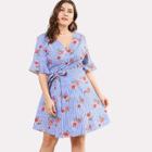 Shein Plus Flounce Sleeve Mixed Print Wrap Dress