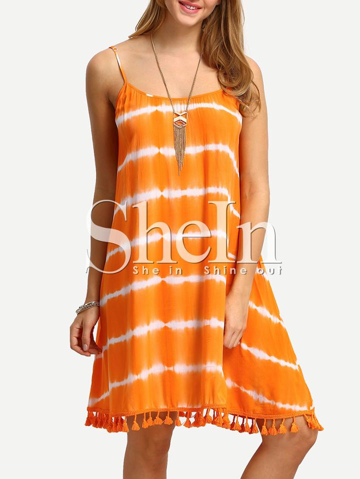 Shein Orange Spaghetti Strap Tassel Trim Tie-dye Dress