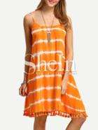 Shein Orange Spaghetti Strap Tassel Trim Tie-dye Dress