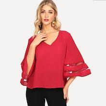 Shein Mesh Panel Sleeve V Neck Blouse