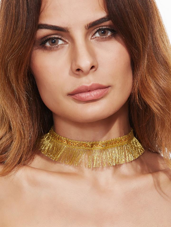 Shein Gold Sequin Fringe Boho Choker Necklace