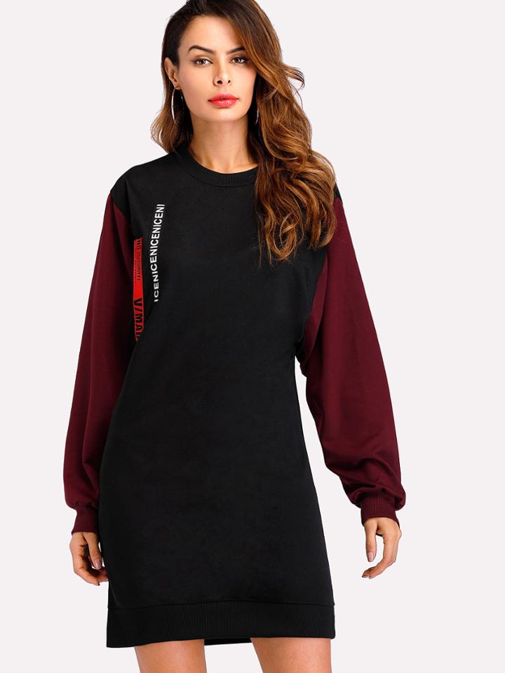 Shein Contrast Sleeve Tape Detail Sweatshirt Dress