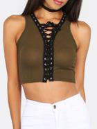 Shein Lace Up Placket Crop Top Olive