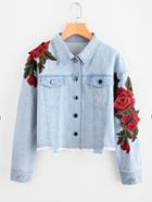 Shein 3d Rose Patch Raw Hem Denim Jacket