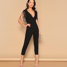 Shein Deep V-neck Fringe Solid Jumpsuit