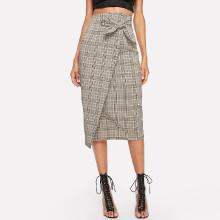 Shein Grommet Belted Waist Plaid Wrap Skirt