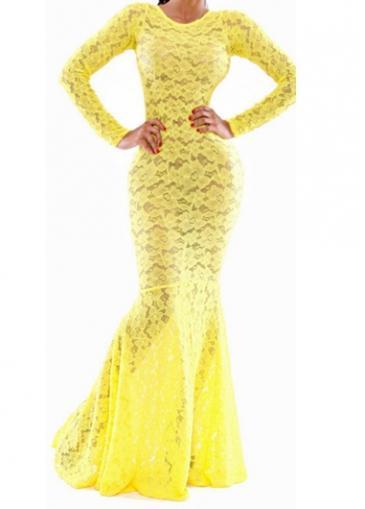 Rosewe Enchanting Long Sleeve Round Neck Mermaid Dress Yellow