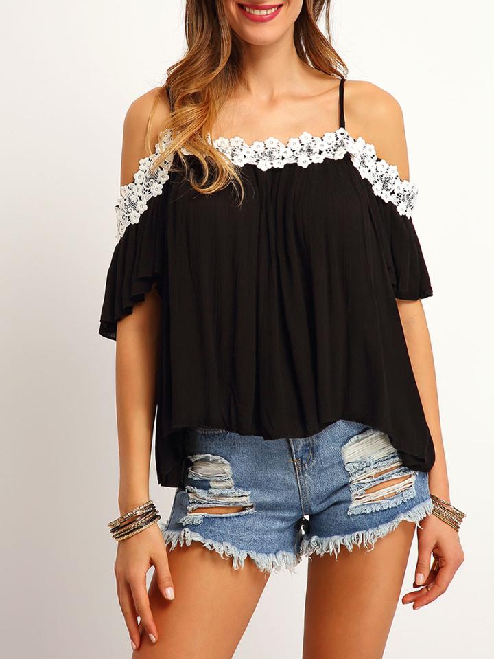 Shein Black Cold Shoulder Lace Loose Top