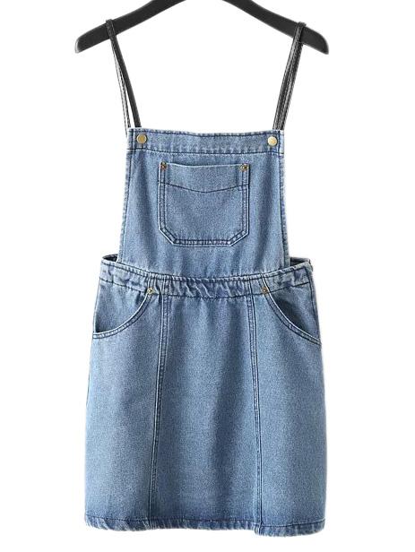 Shein Blue Pockets Zipper Side Denim Spaghetti Straps Dress