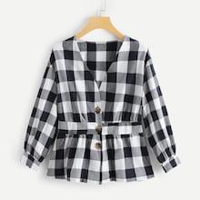 Shein Single Breasted Ruffle Hem Plaid Blouse