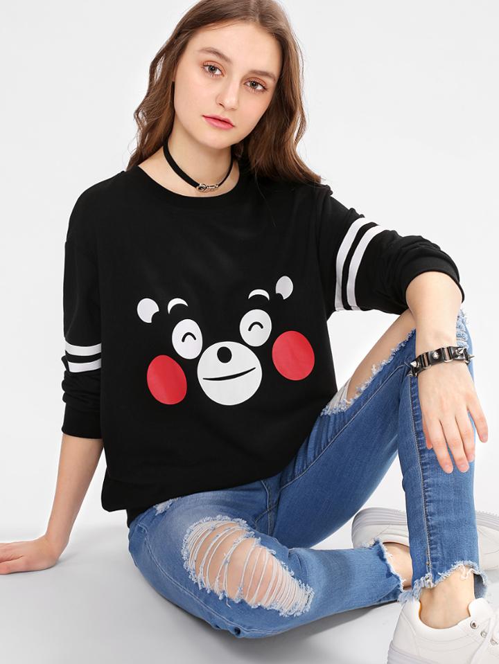 Shein Striped Sleeve Cartoon Print Sweatshirt