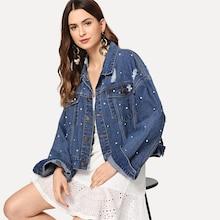 Shein Pearls Beaded Button Front Denim Jacket