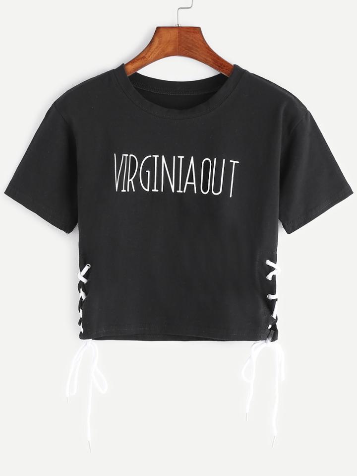 Shein Black Letter Print Lace Up Side Crop T-shirt