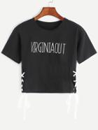 Shein Black Letter Print Lace Up Side Crop T-shirt