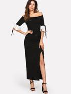 Shein Contrast Ruffle Cuff Split Front Bardot Dress