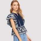Shein Ladder Lace Insert Embroidered Ruffle Top