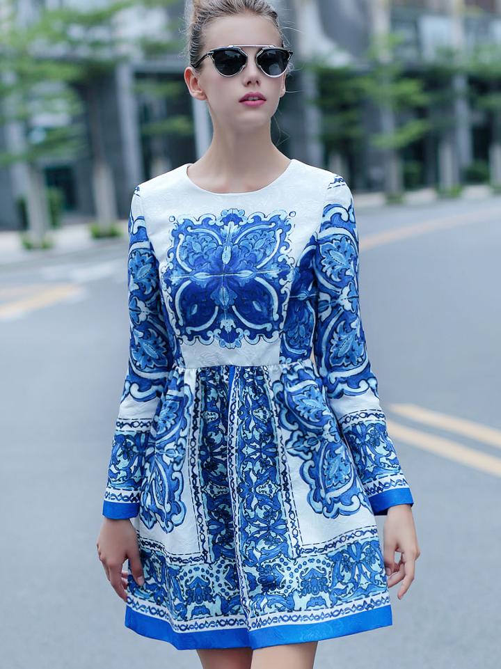 Shein White And Blue Porcelain Round Neck Long Sleeve Jacquard Dress