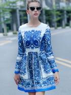 Shein White And Blue Porcelain Round Neck Long Sleeve Jacquard Dress