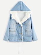 Shein Blue Bleach Wash Faux Fur Lining Hooded Denim Coat