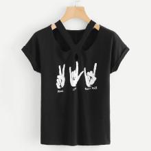 Shein Graphic Print Cut Out Tee
