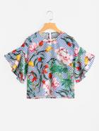 Shein Random Botanical Print Tiered Flute Sleeve Blouse