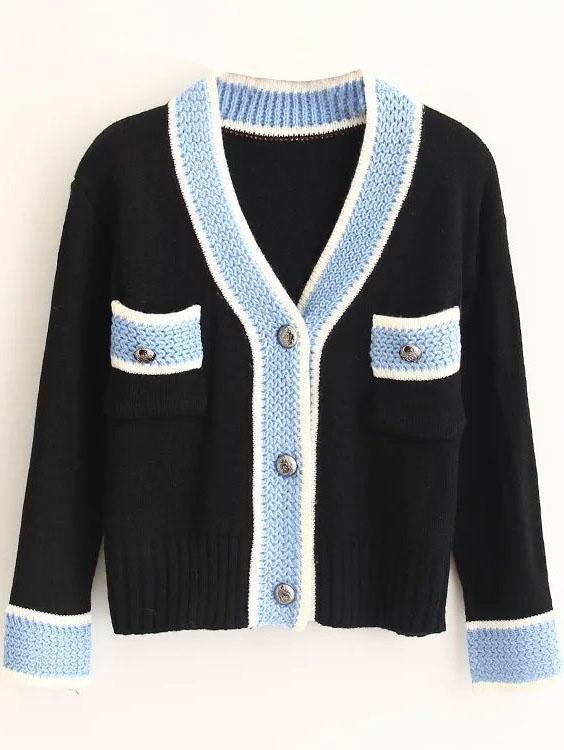 Shein Contrast Trim Button Up Sweater Coat With Pockets