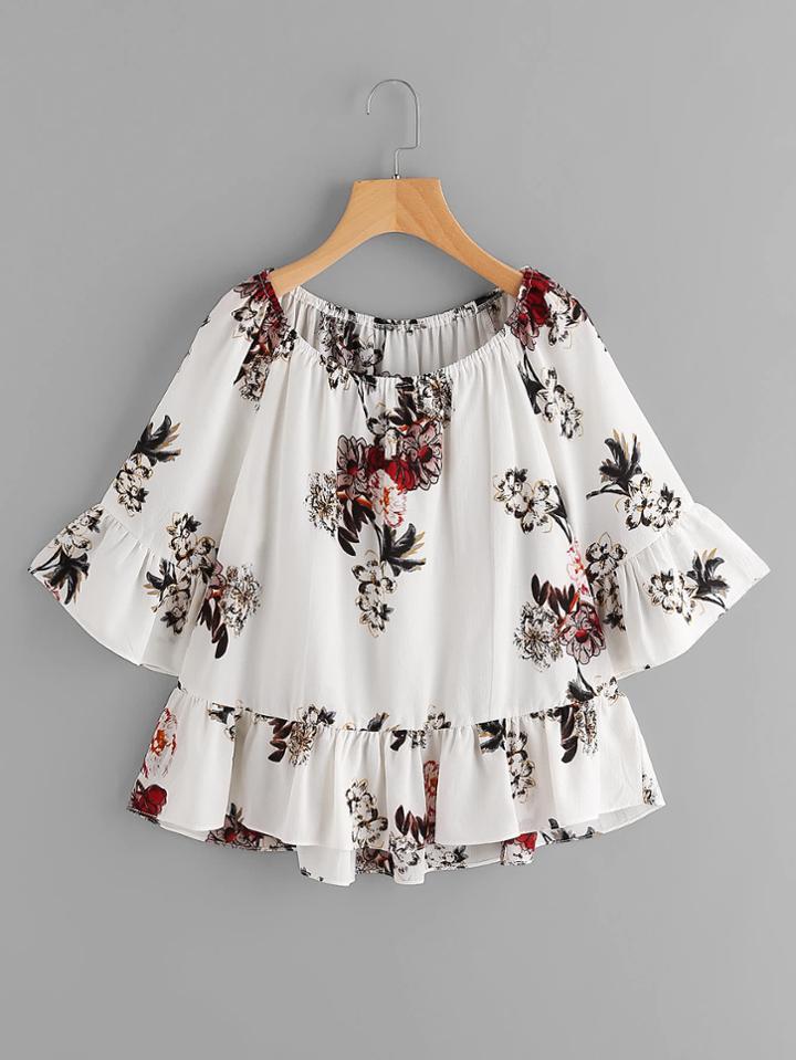 Shein Random Florals Frill Trim Top