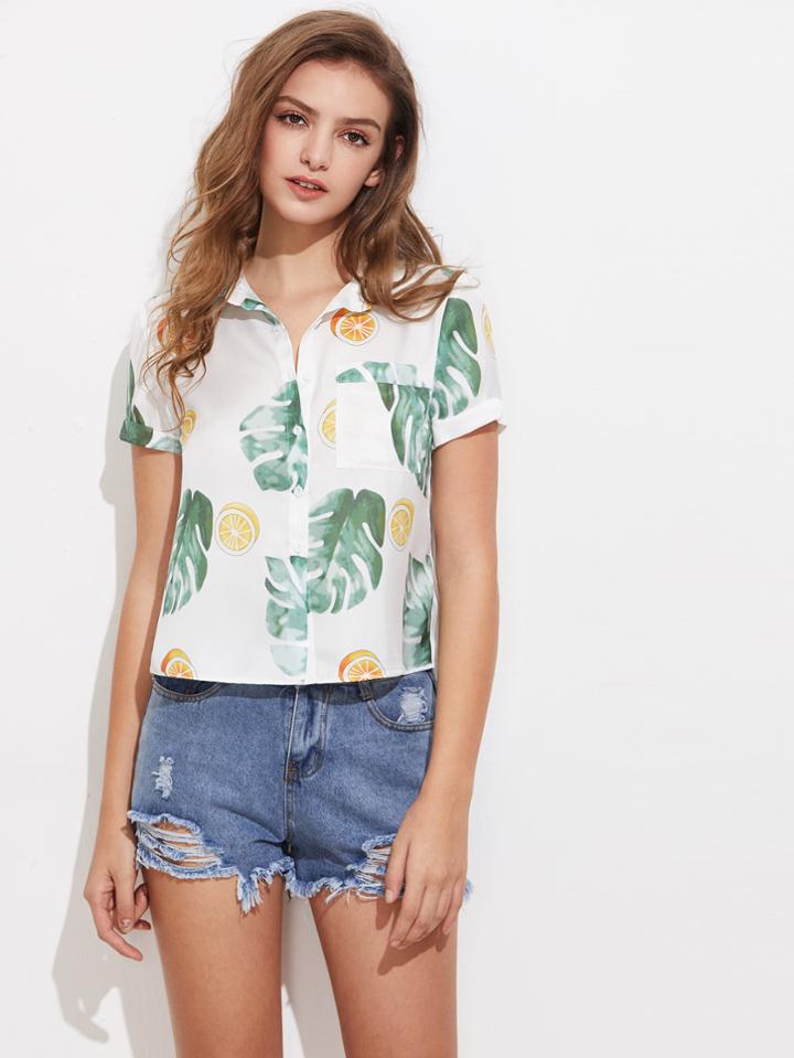 Shein Tropical Print Patch Pocket Front Shirt
