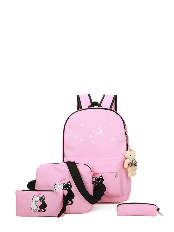 Shein Cat & Star Print Canvas Combination Bag 4pcs