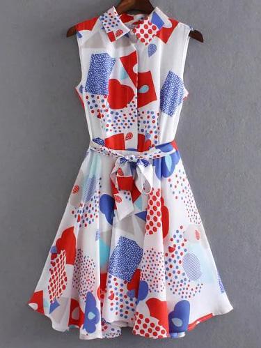 Shein Multicolor Sleeveless Tie-waist Bow Print Skater Dress